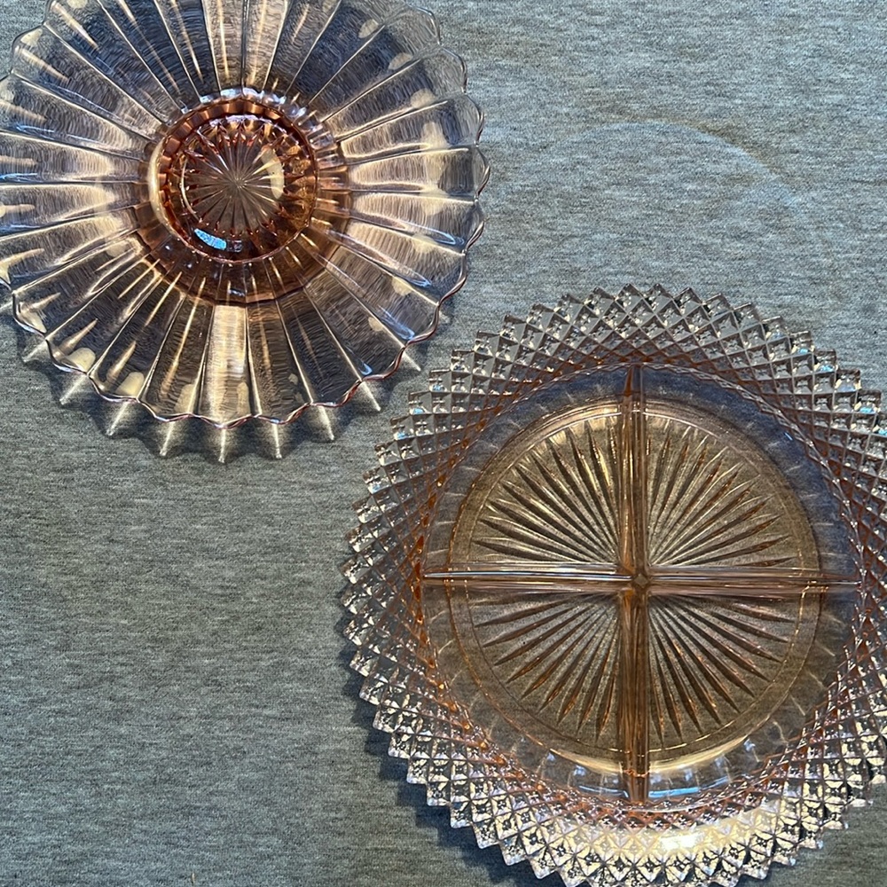 Pink Depression Glass Miss America Relish Dish & Sunburst Plate